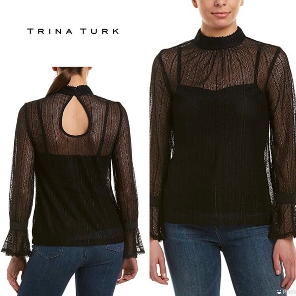 TRINA TURK Cicero Mock Neck Black Noir Lace Blouse Top Shirt Semi Sheer Ruffle - Picture 2 of 15